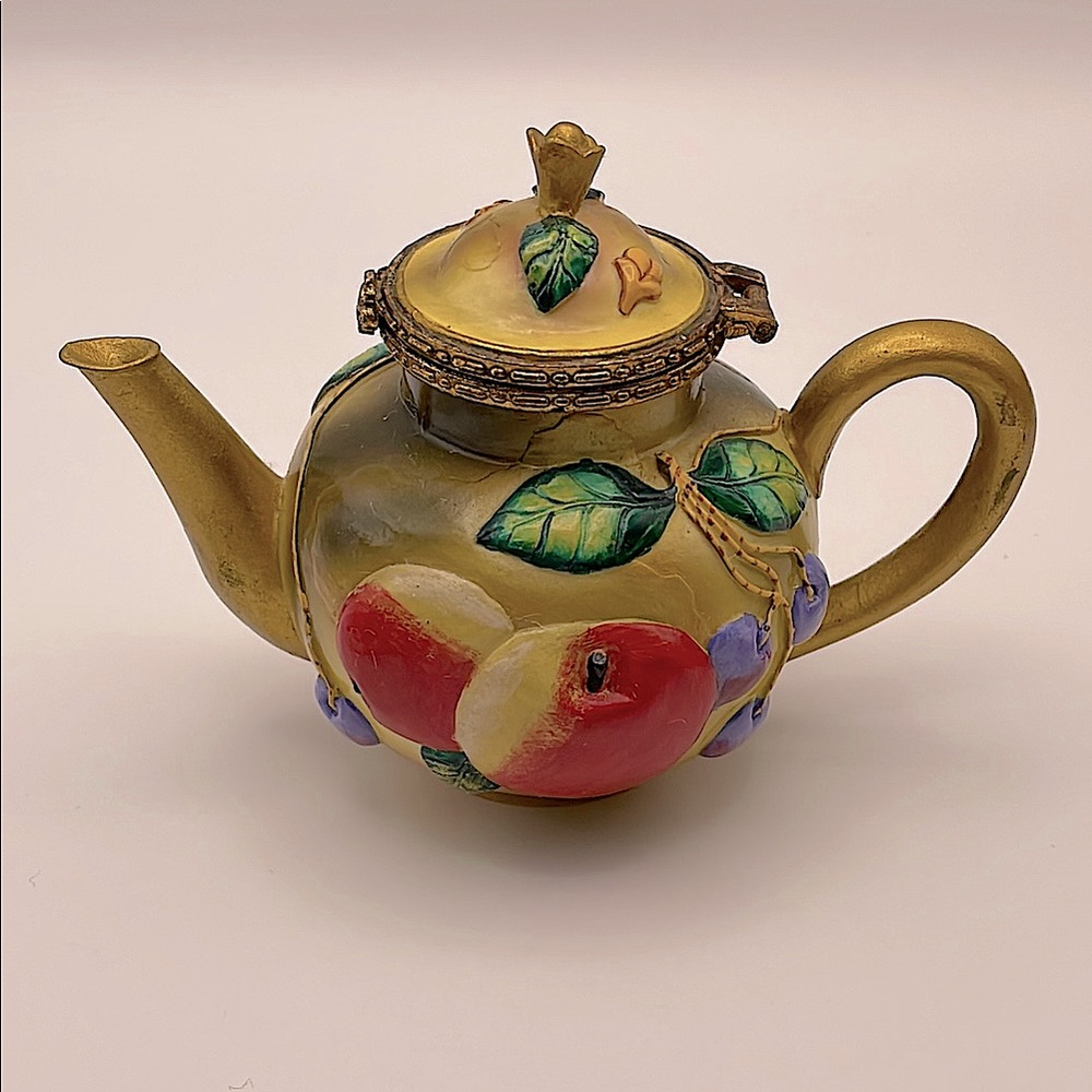 Vintage Nini Royal Worcester Teapot Trinket Box Gold Yellow Fruit Design